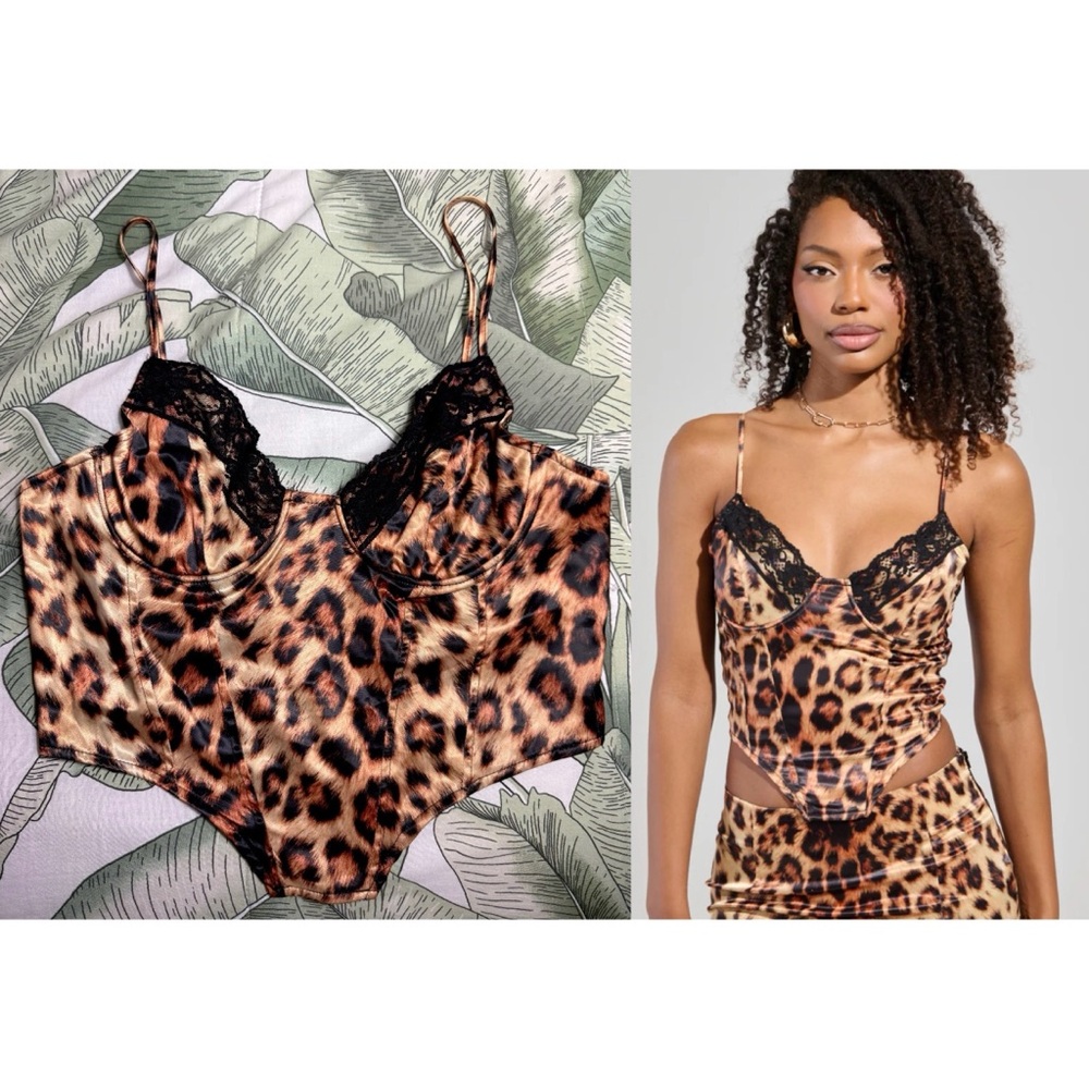 AKIRA Leopard Print Satin Lace Corset Cami Top Plunge Neck Size XL